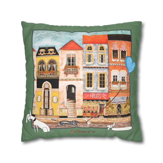Whimsical town - Chefetteville, Row of Houses with Blue Heart Balloon Accent by artist Marie Frederique