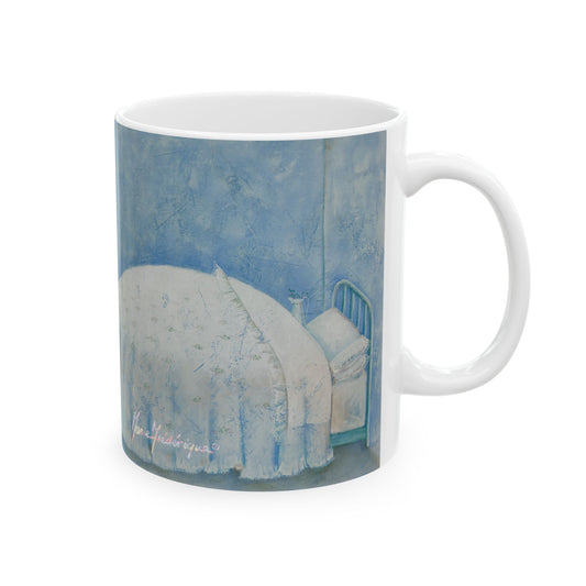 Bed & I, I shall wake up shortly in light blue - Ceramic Mug, 11oz by Artist Marie Frederique