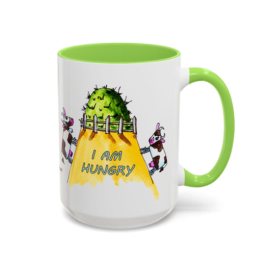 Cow, "The grass is always greener" - I am Hungry, Colorful Mug by Artist Marie Frederique