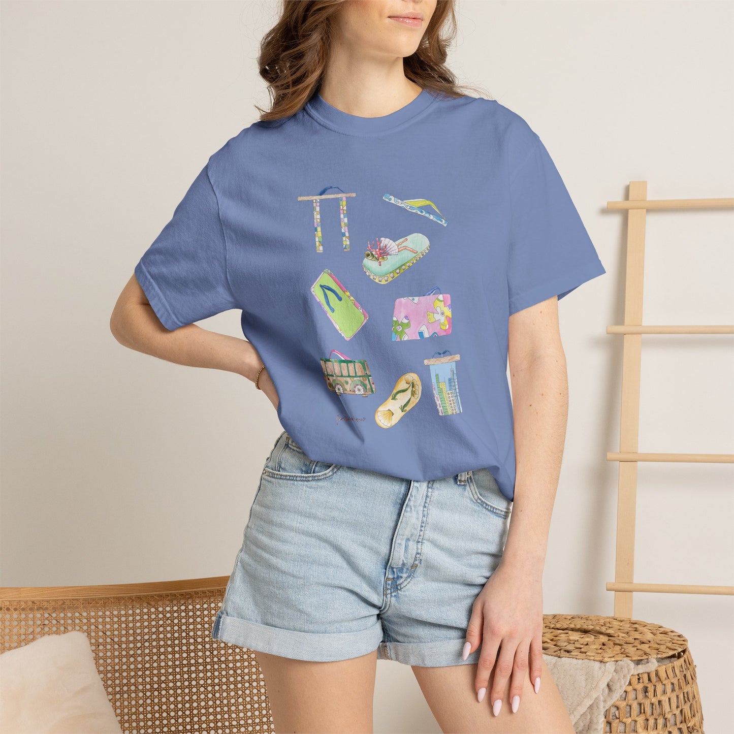 Summer Vacation Icons T-Shirt — Tropical Flip-Flops Tee by artist Marie Frederiquw