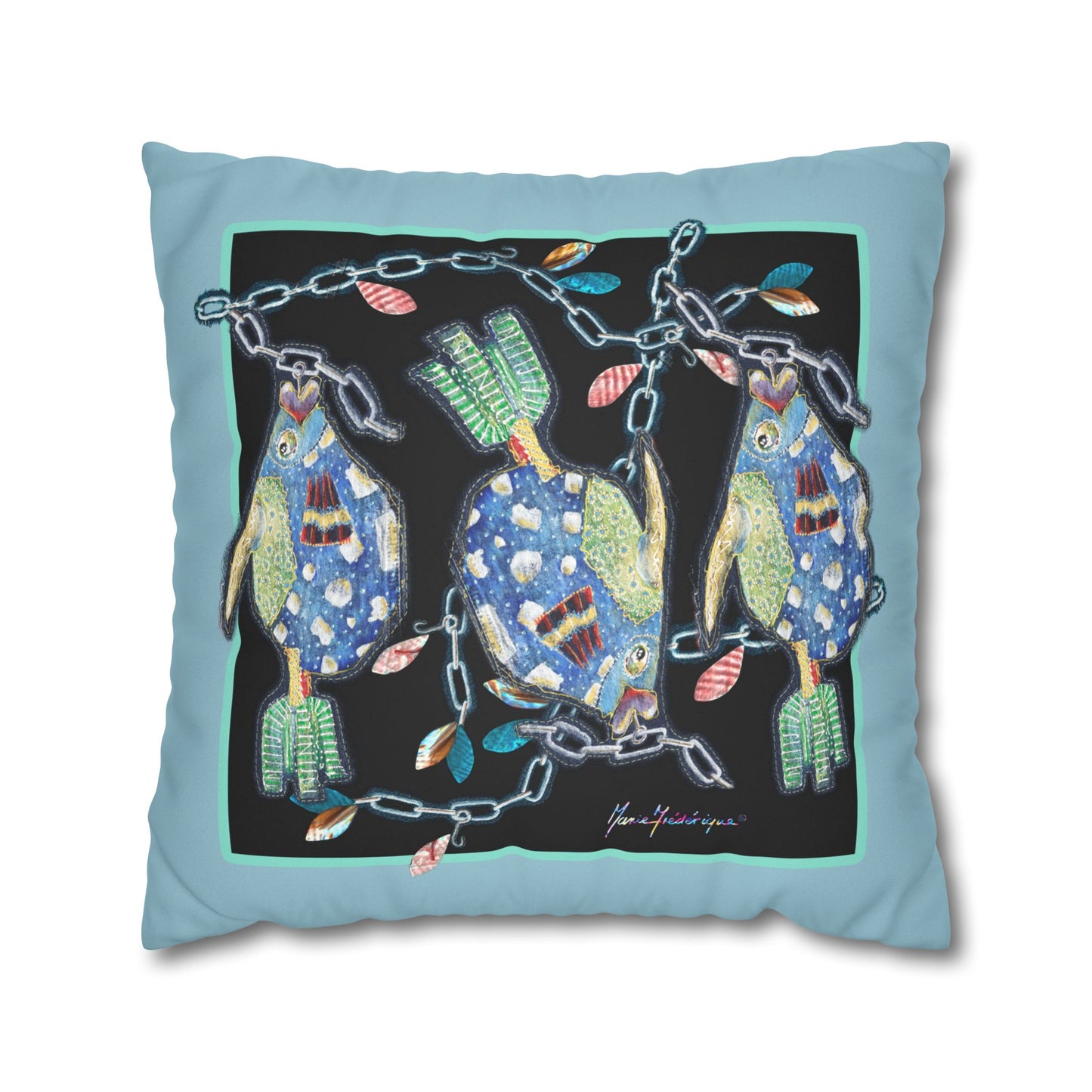 Fishing Faux Suede Pillowcase — Colorful Folk Art fish by artist Marie Frederique