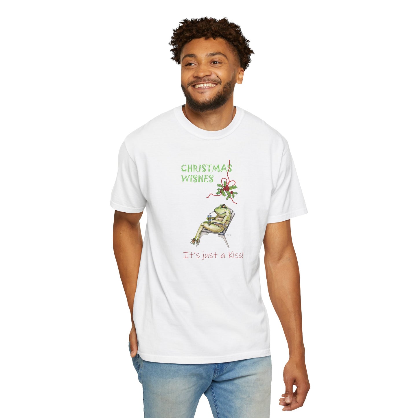 Christmas Wishes, Frenchie Frog T-Shirt by artist Marie Frederique