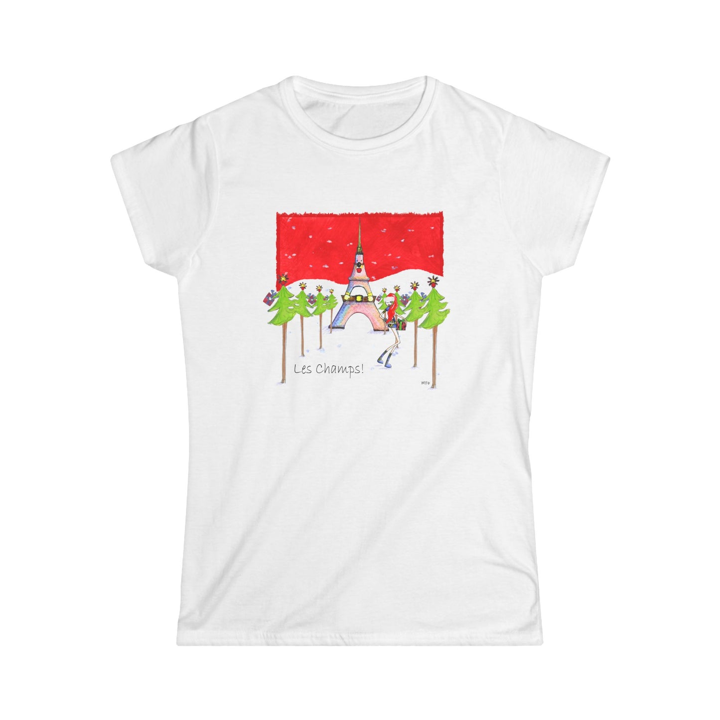 Paris Winter Scene Tee — 'Les Champs' Eiffel Snowfall Women's T‑Shirt by artist Marie Frederique