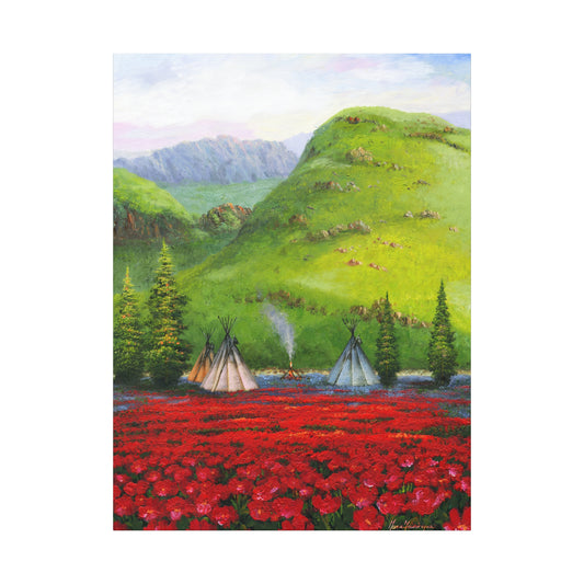 Serene Native American Landscape with Red Poppy Fields - Canvas Print by artist Marie Frederique