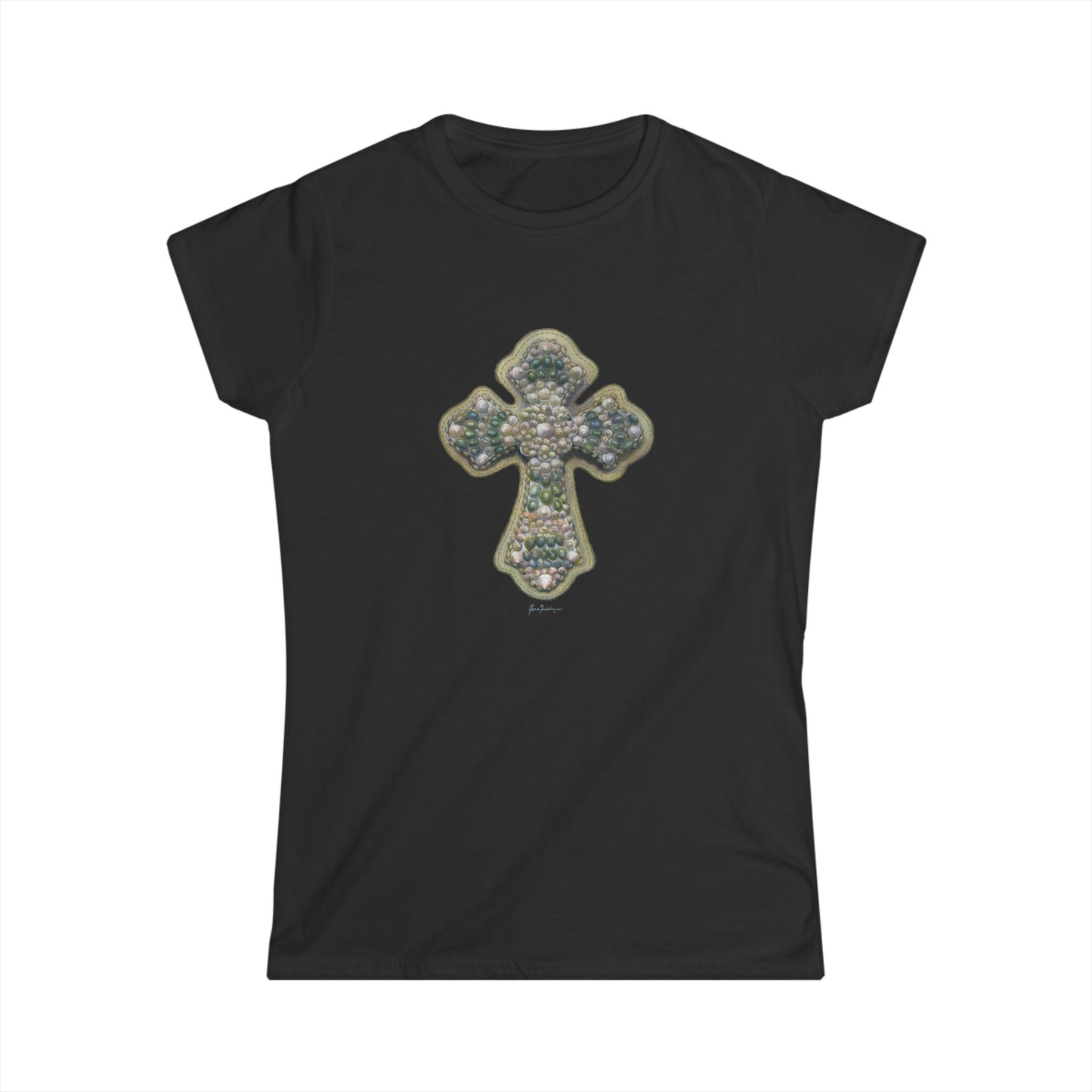 Embellished Seashell Cross Tee - Women's Spiritual Graphic Shirt by artist Marie Frederique