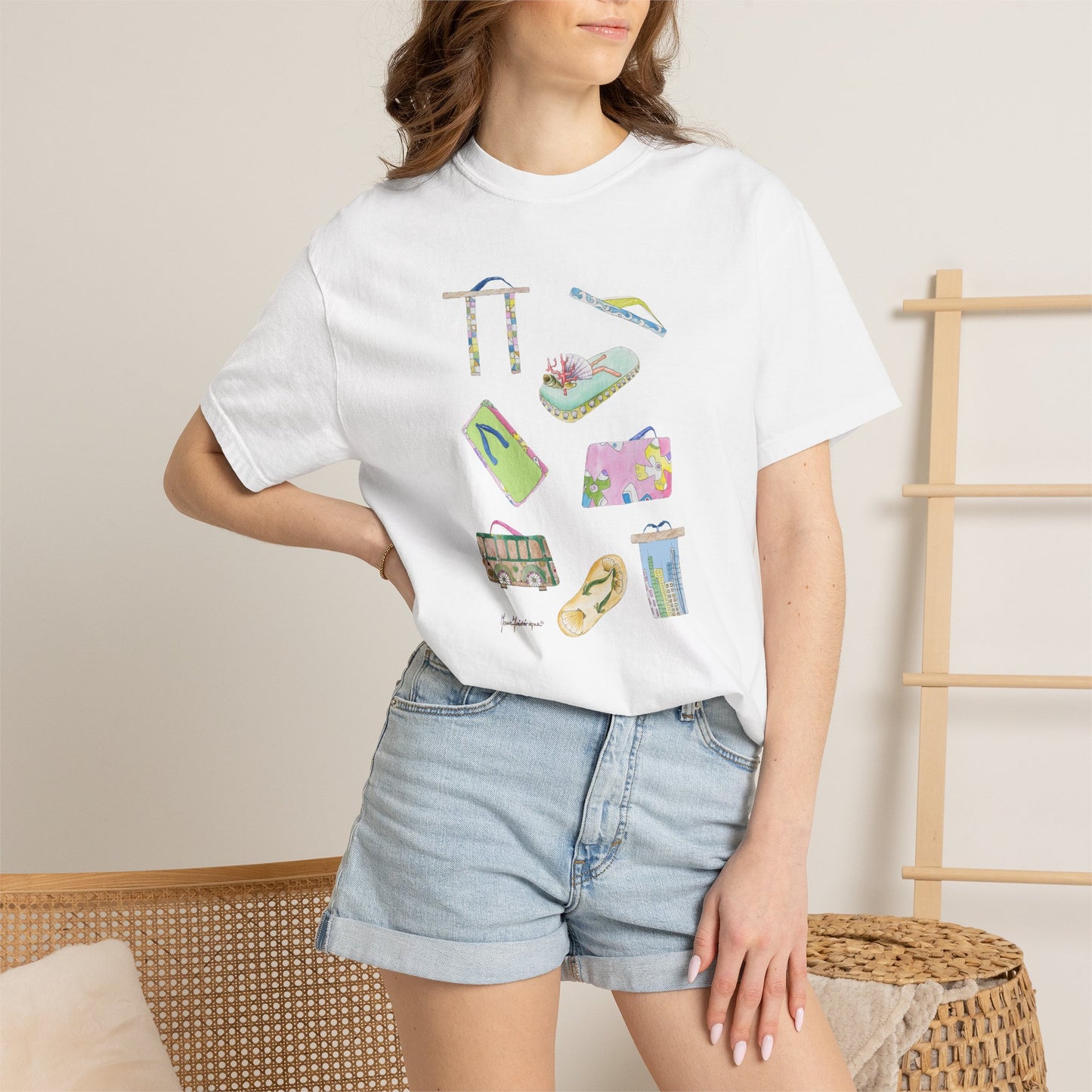Summer Vacation Icons T-Shirt — Tropical Flip-Flops Tee by artist Marie Frederiquw