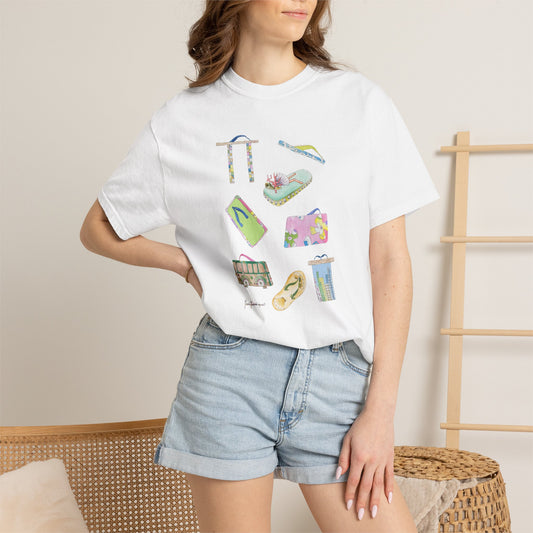 Summer Vacation Icons T-Shirt — Tropical Flip-Flops Tee by artist Marie Frederiquw