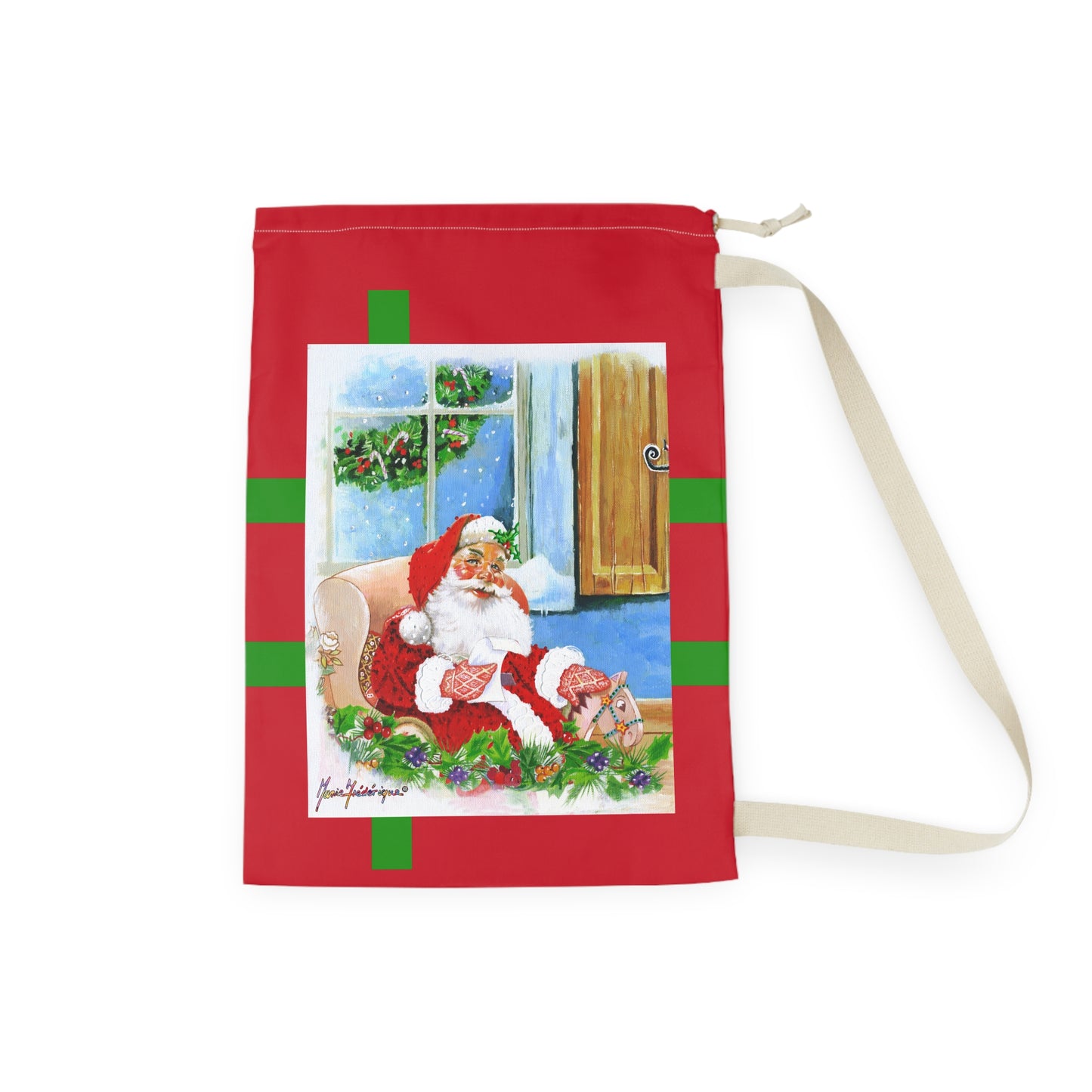 Christmas Santa Laundry Bag — Holiday Gift Sock & Linen Organizer by artist Marie Frederique