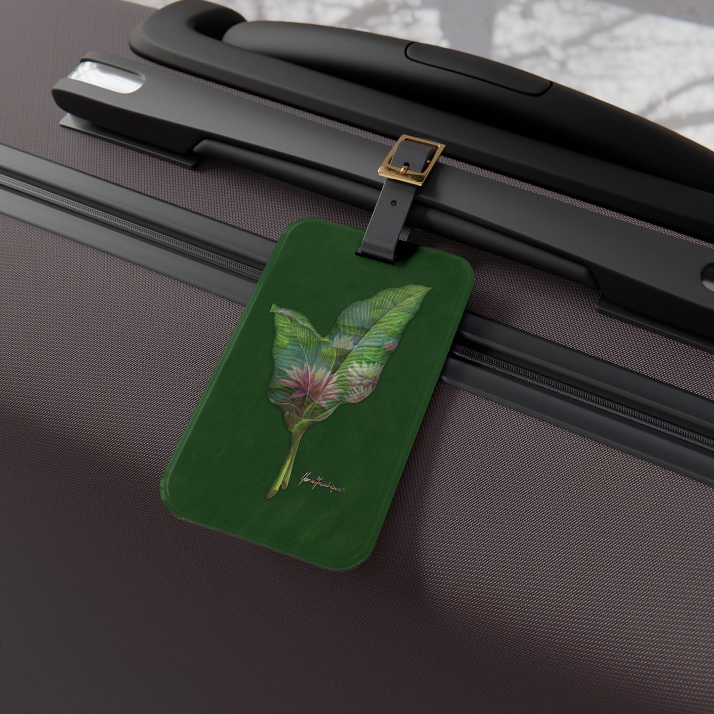 Luggage Tag with leather strap, Pink Lotus flower on a green background by artist Marie Frederique