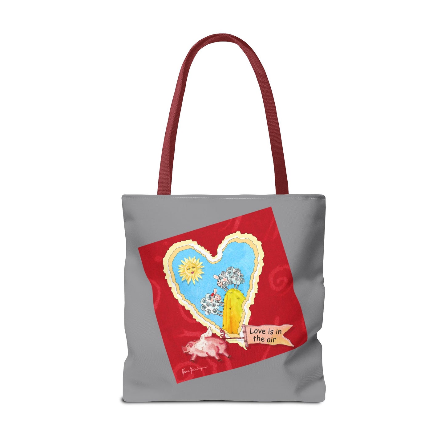 Valentine Tote Bag, Love is in the air - grey and red (2 different images on one bag) by artist Marie Frederique