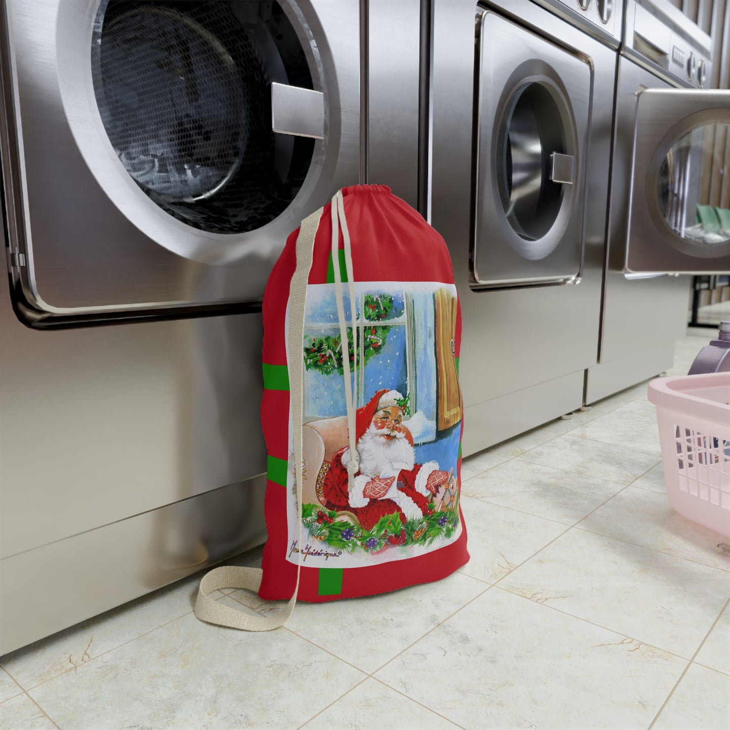 Christmas Santa Laundry Bag — Holiday Gift Sock & Linen Organizer by artist Marie Frederique