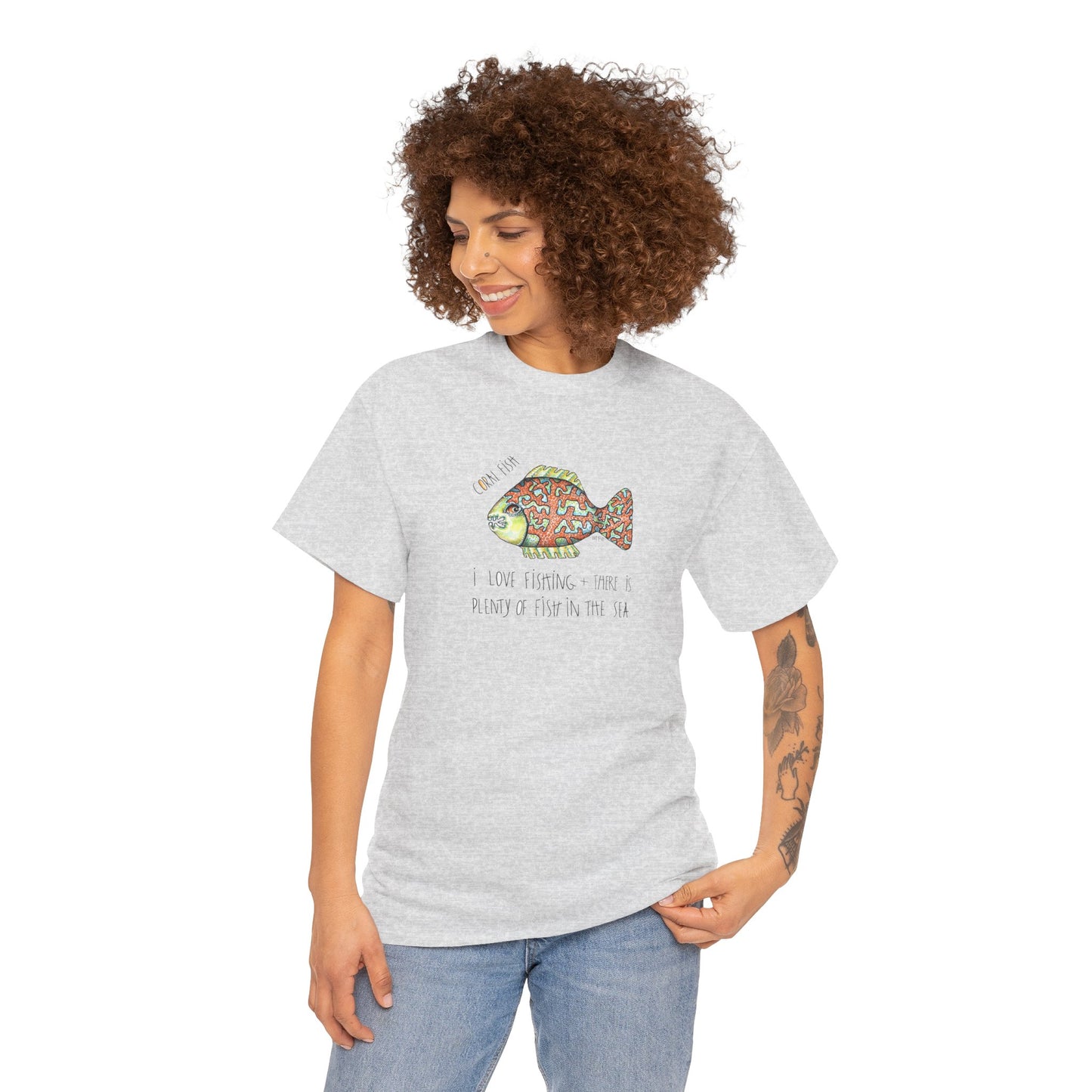 Fishing "I love Fishing + there is plenty of fish in the sea" Coral Fish - Unisex Heavy Cotton Tee by artist Marie Frederique