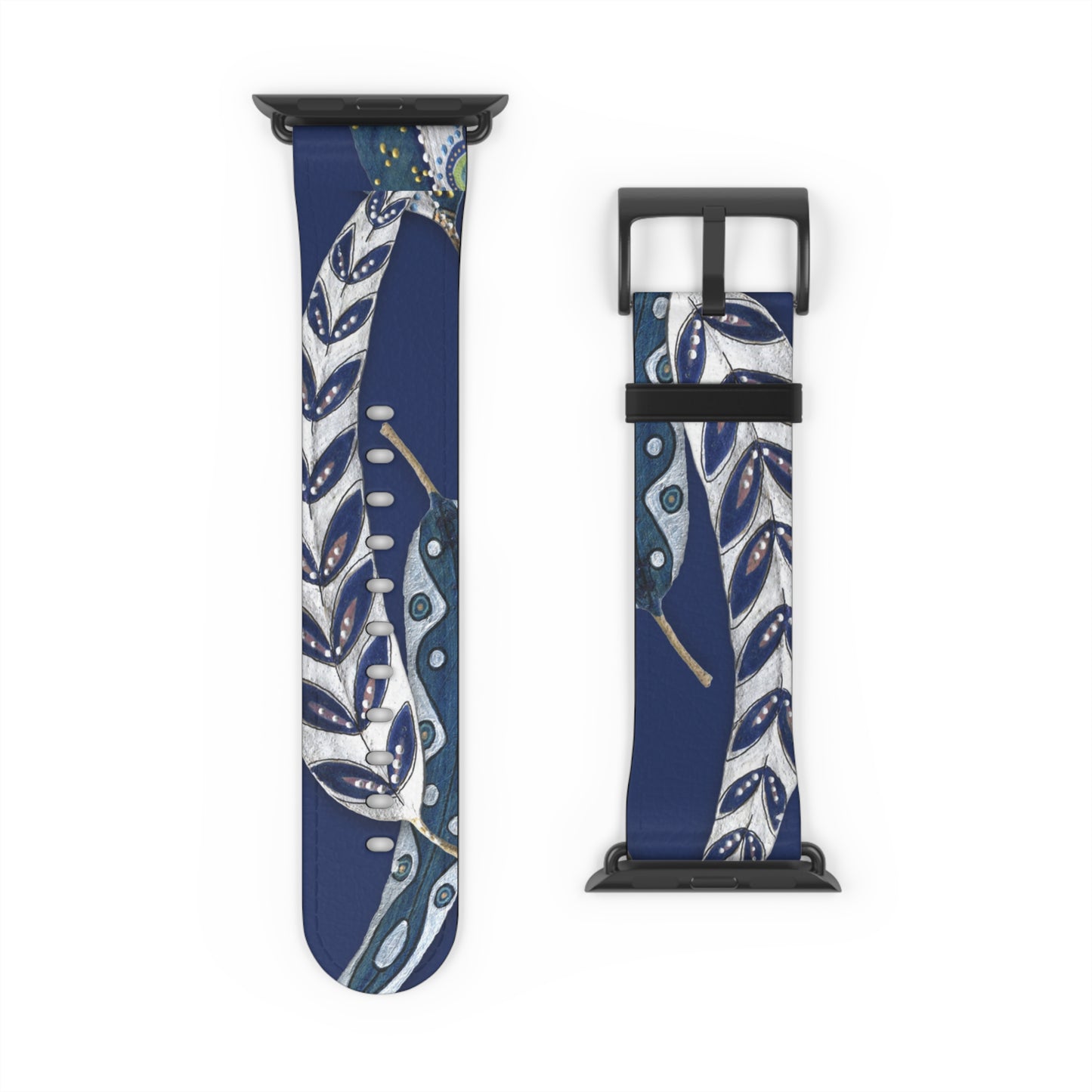 Blue Planet Series, Navy and White painted leaves on faux leather Watch Band by artist Marie Frederique