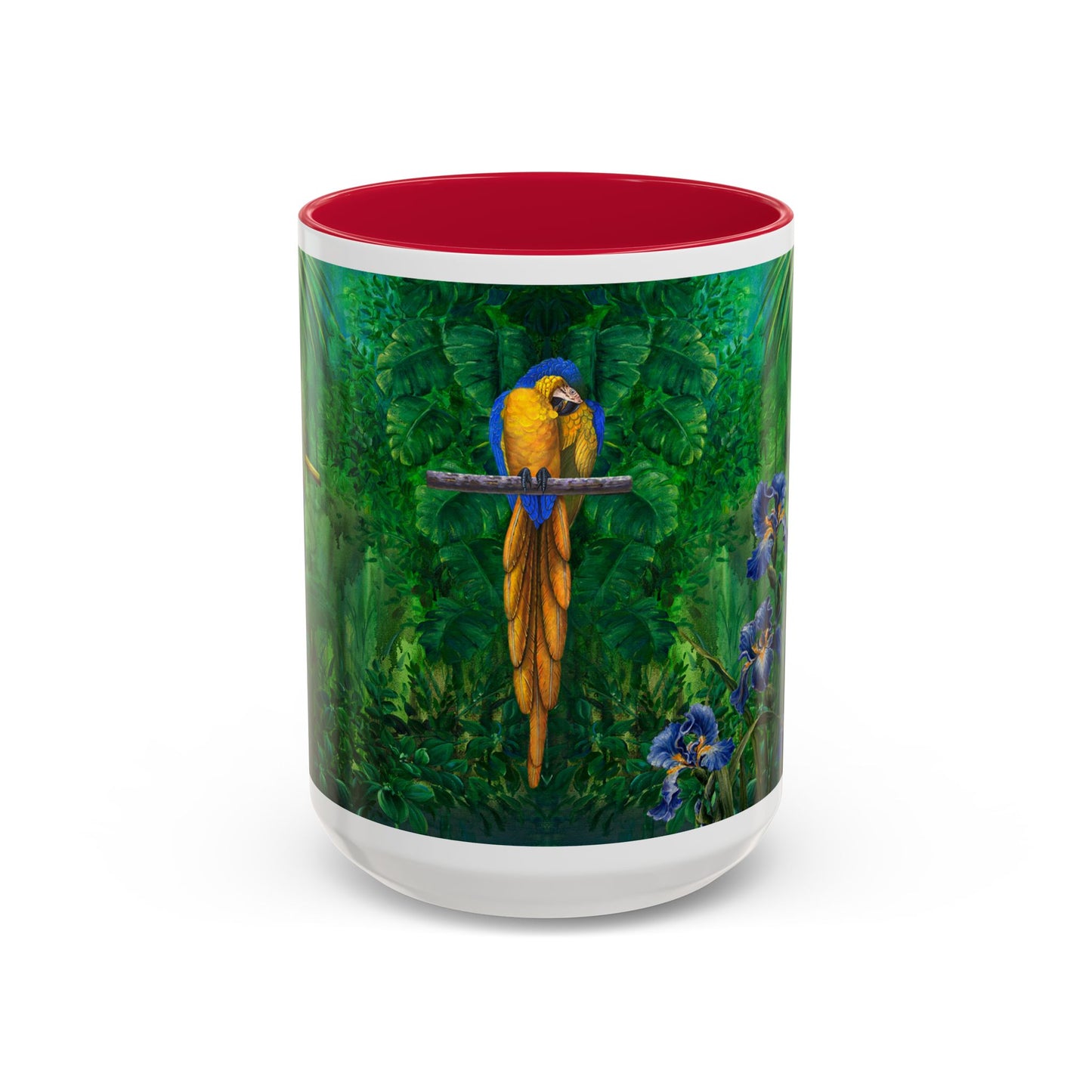 Parrots in Jungle Forest & Blue Iris mug by Artist Marie Frederique