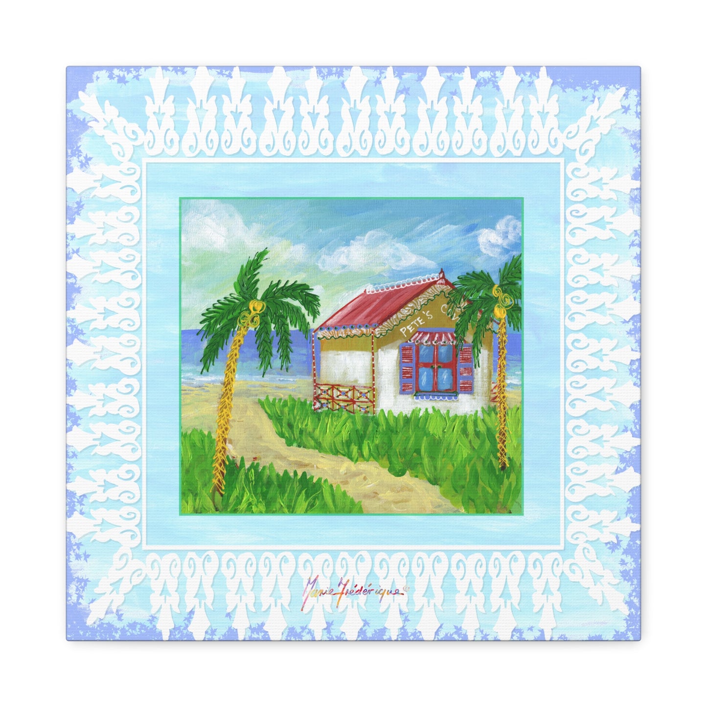 Beach Cabin Canvas — Tropical Cabin Seaside Wall Art by artist Marie Frederique