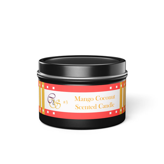 CTS #3 Candle Collection, "Mango Coconut" Scented Coconut Soy Wax Candle in a metal tin. 4 oz or 8 oz, 3 tin colors silver, black or gold