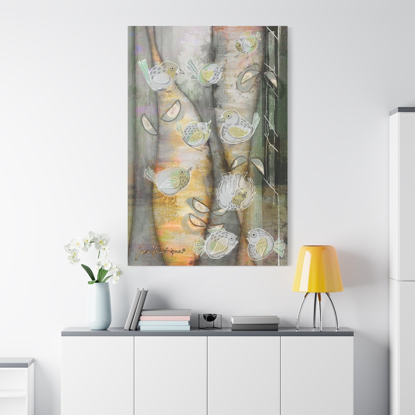 Birds in a forest, Matte Canvas Art by artist Marie Frederique