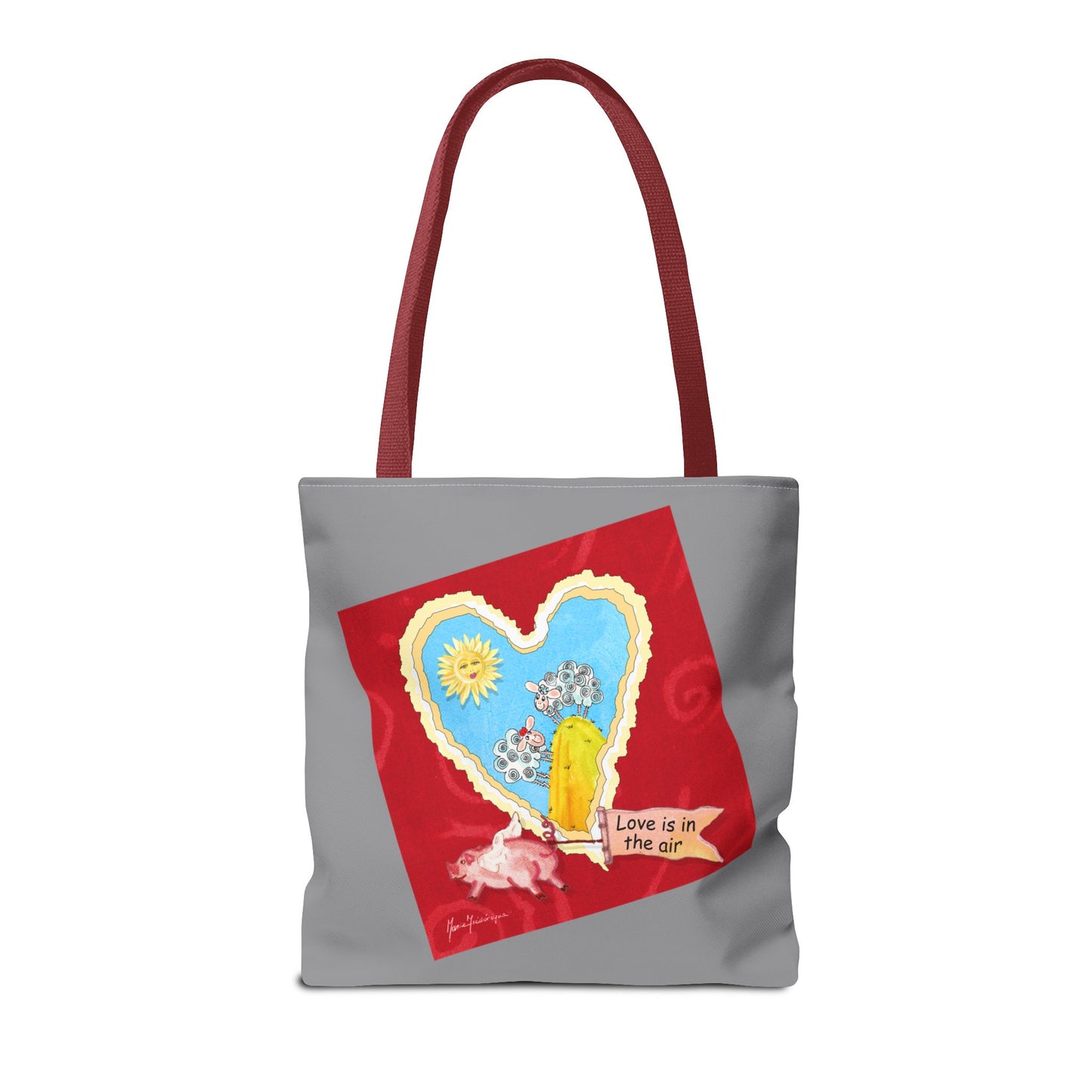 Valentine Tote Bag, Love is in the air - grey and red (2 different images on one bag) by artist Marie Frederique