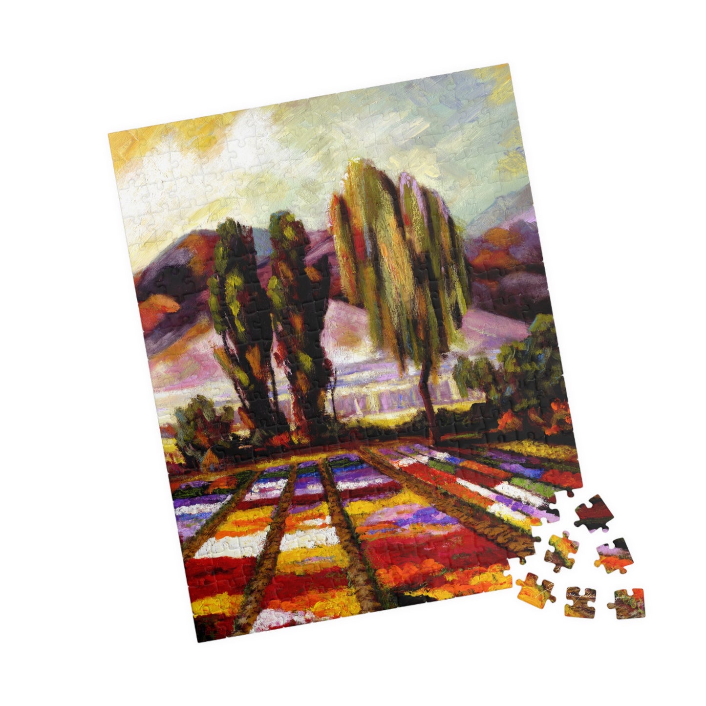 My Happy place, multicolored Flower fields with Eucalyptus trees Jigsaw Puzzle, 110, 252, 520-Piece by Artist Marie Frederique