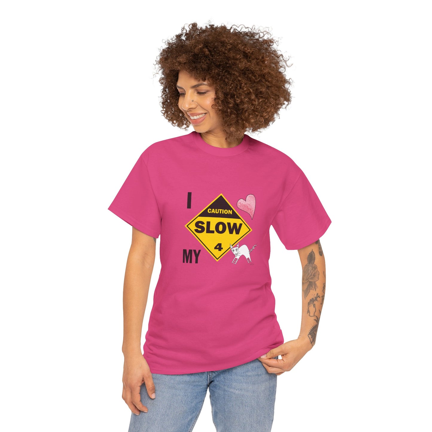 Slow, Caution - I love my cat, Tee Unisex Heavy Cotton Tee by artist Marie Frederique