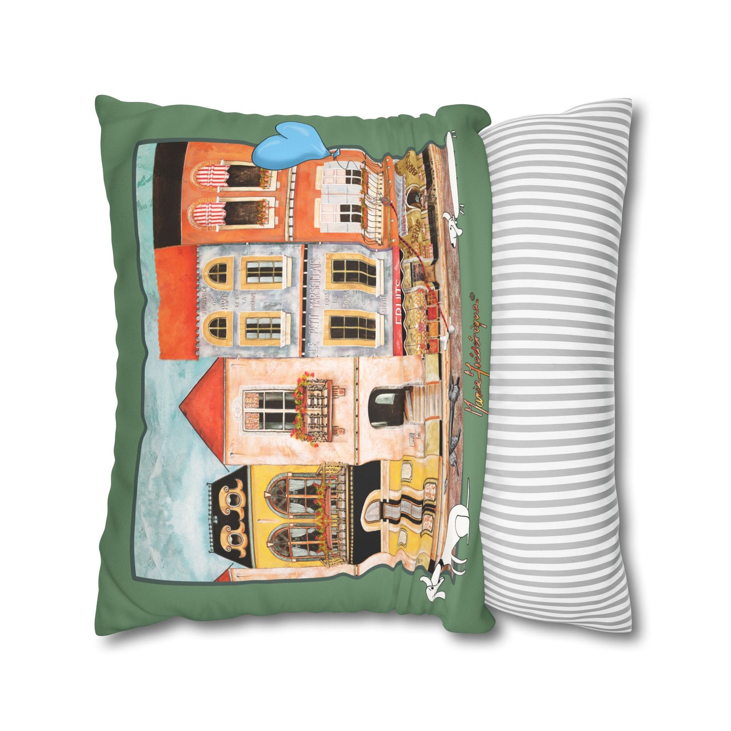 Whimsical town - Chefetteville, Row of Houses with Blue Heart Balloon Accent by artist Marie Frederique