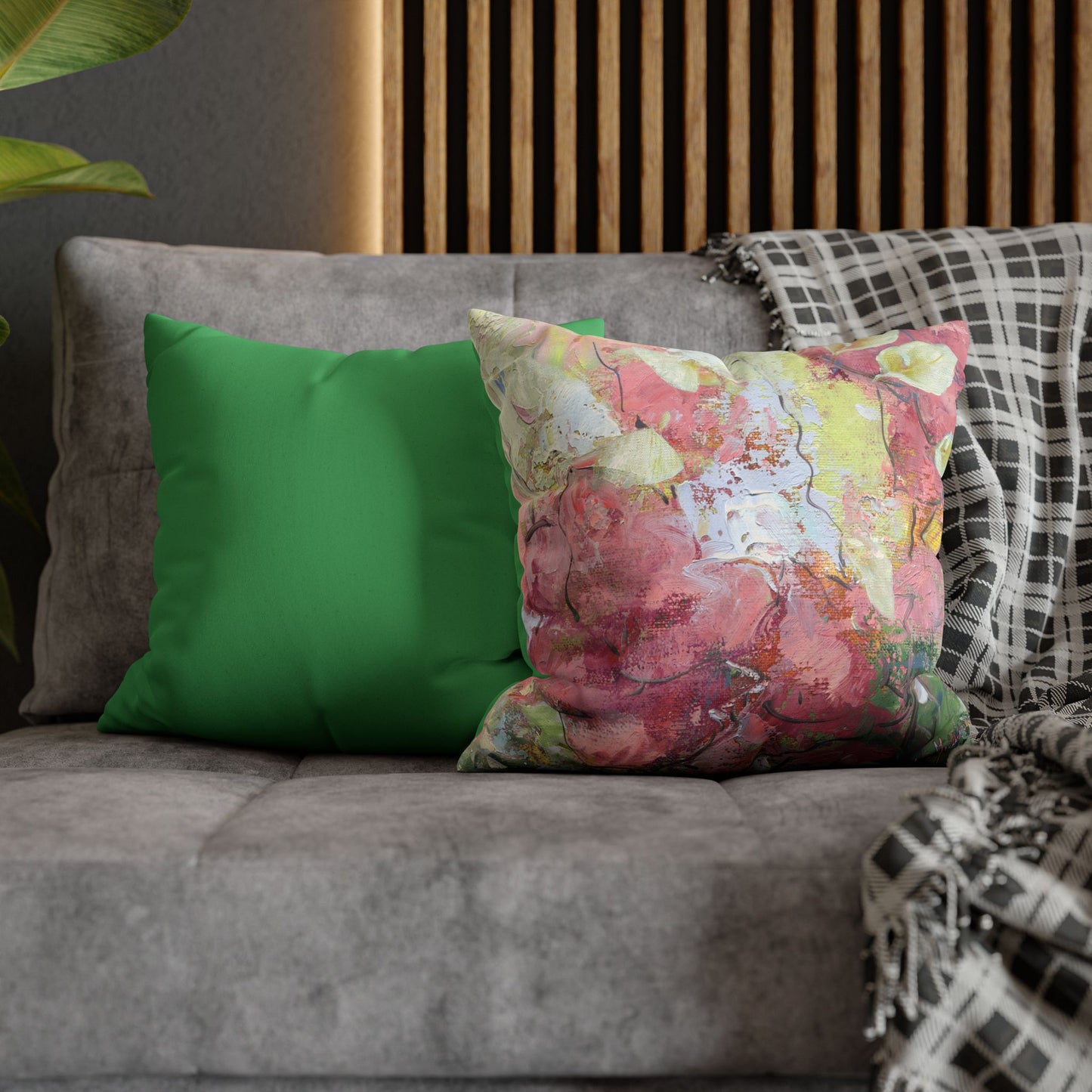 Floral Abstract Faux Suede Pillowcase – Pink Watercolor Square Throw Pillow Cover by artist Marie Frederique
