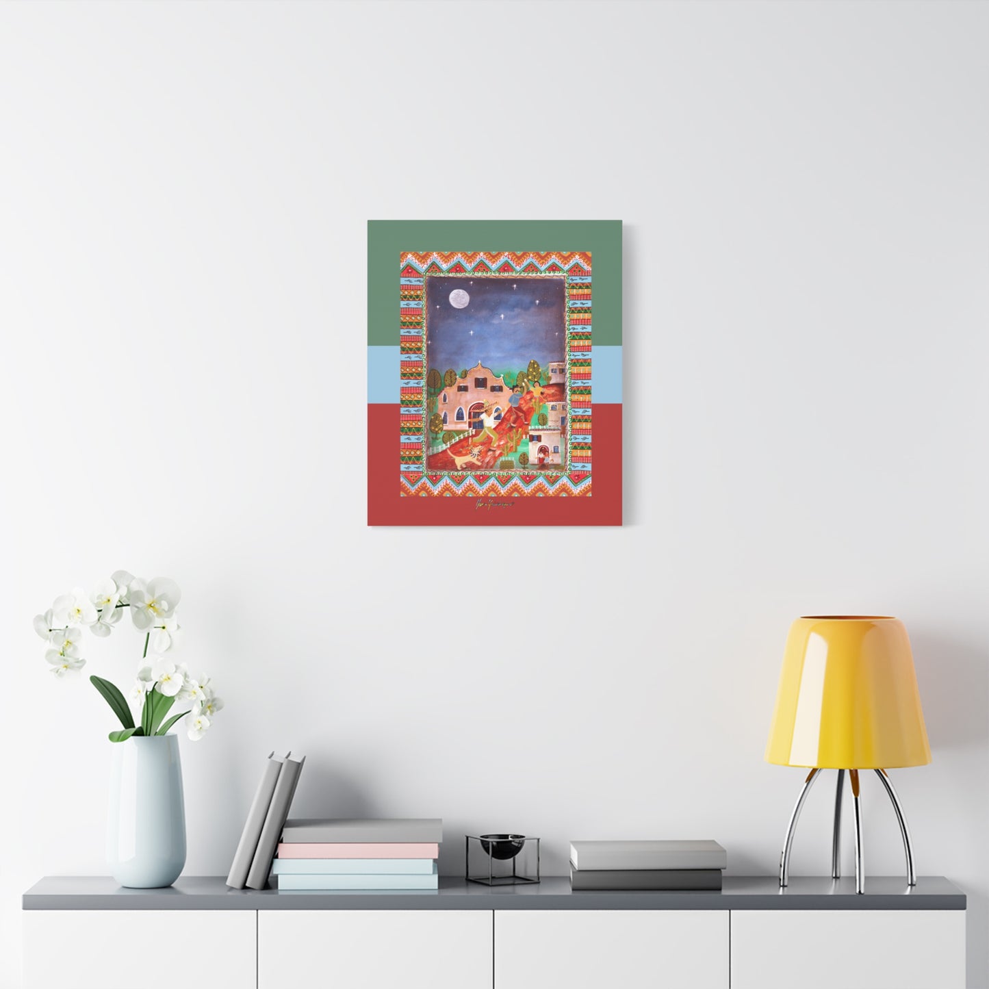 Southwestern Folk Art Canvas Print — Moonlit Village Scene by artist Marie Frederique