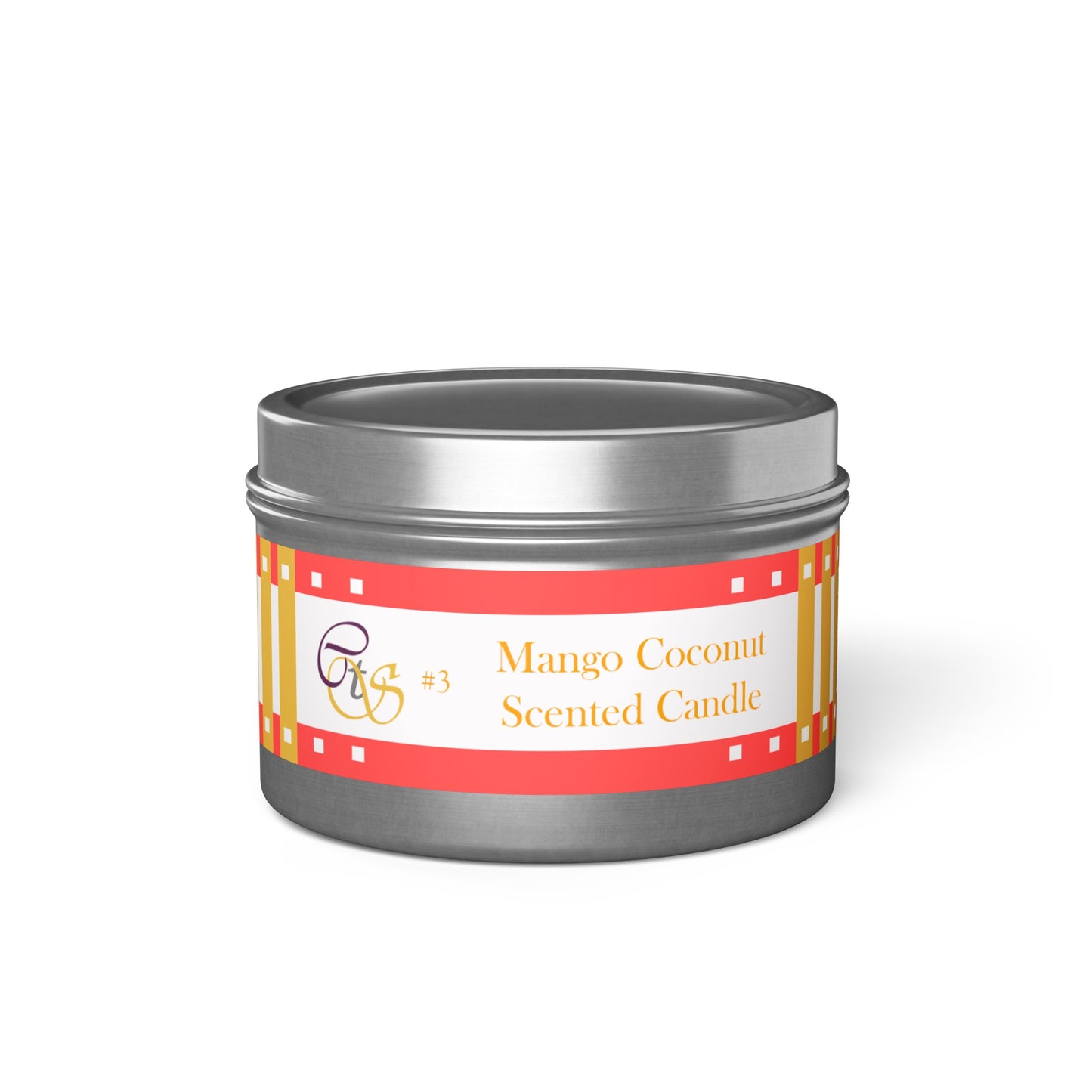 CTS #3 Candle Collection, "Mango Coconut" Scented Coconut Soy Wax Candle in a metal tin. 4 oz or 8 oz, 3 tin colors silver, black or gold