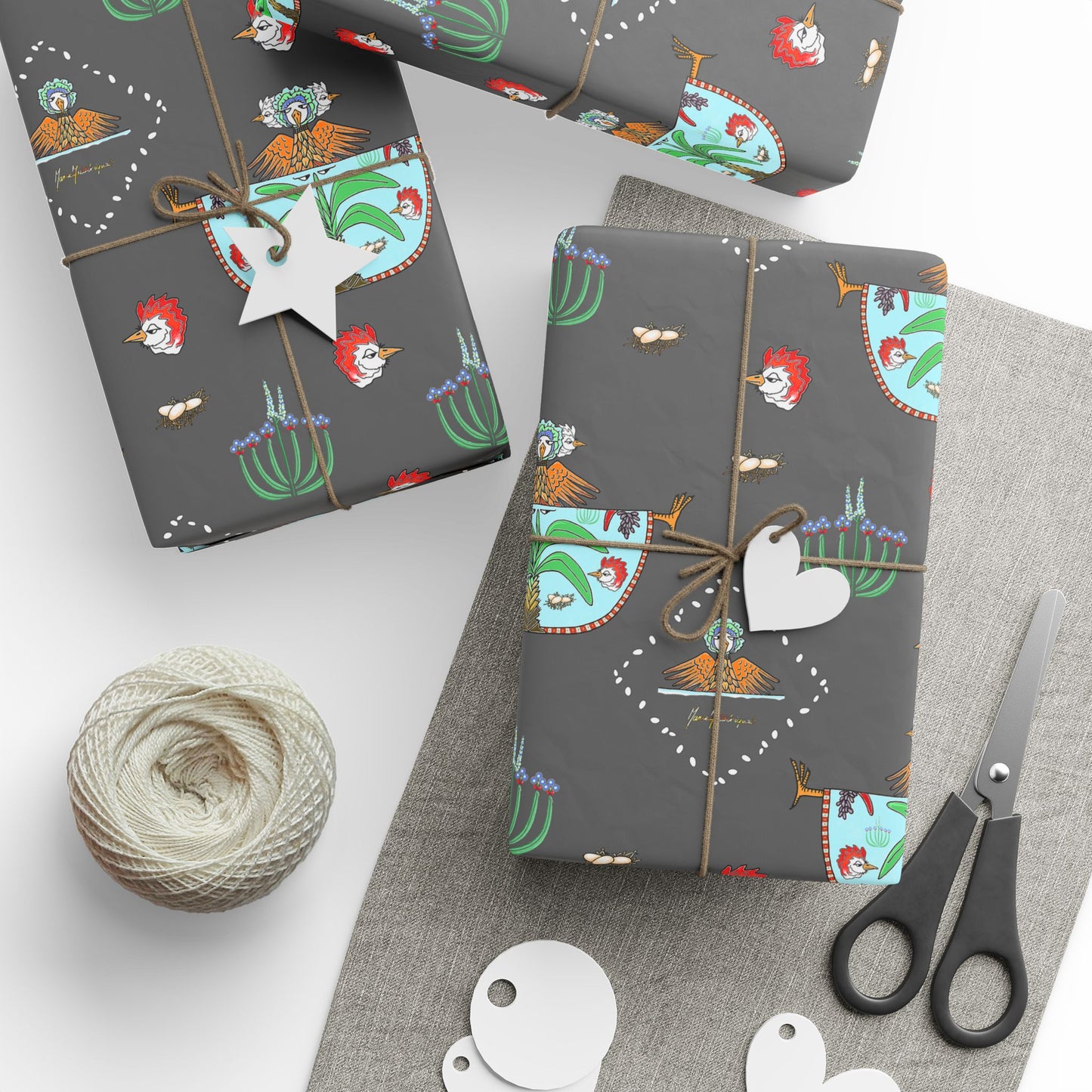 Chicken Dancing Pattern on Charcoal Background Wrapping Paper by artist Marie Frederique