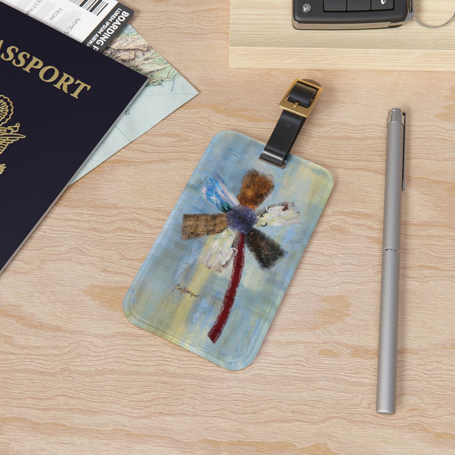 Luggage Tag with leather strap, Abstract floral on a blue background by artist Marie Frederique