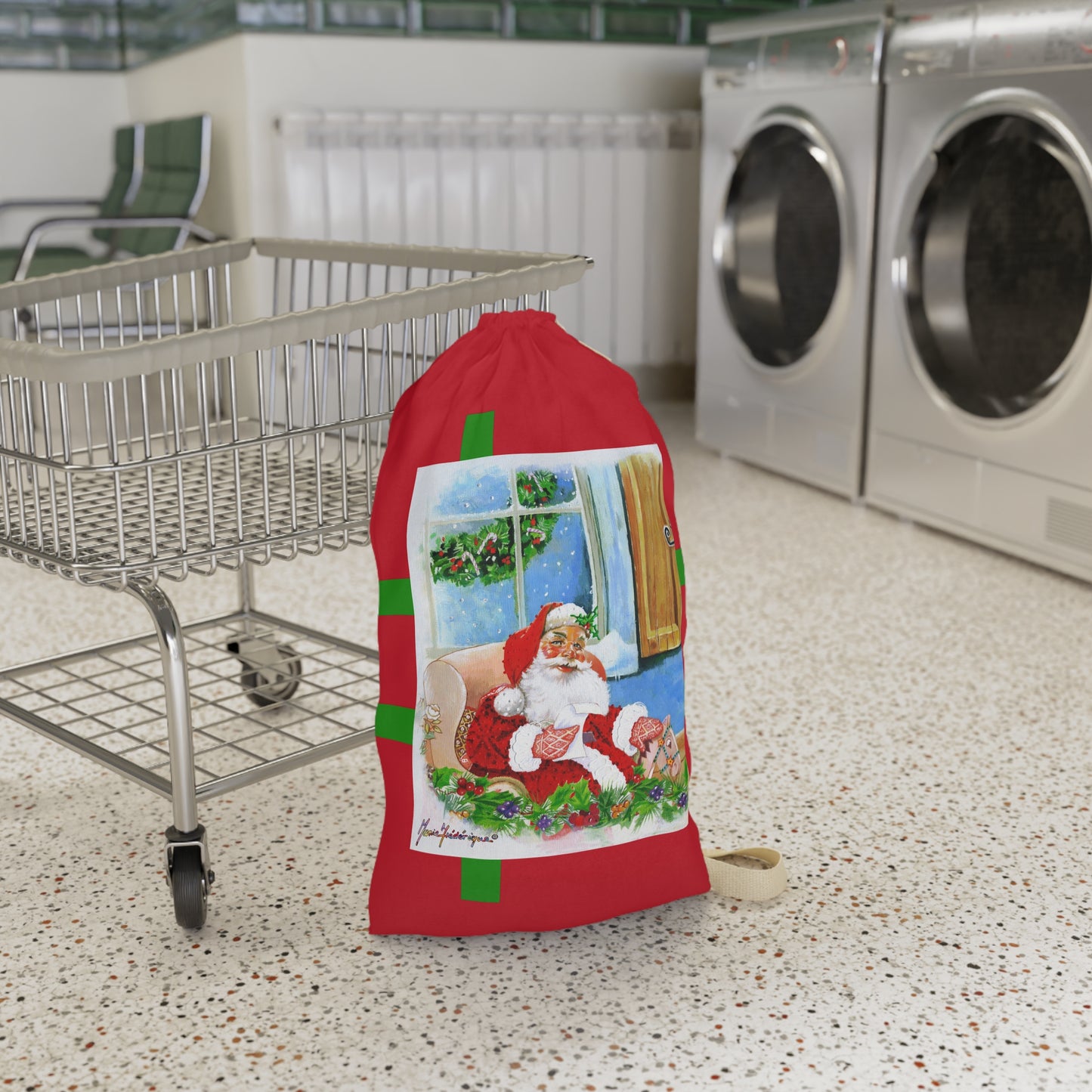 Christmas Santa Laundry Bag — Holiday Gift Sock & Linen Organizer by artist Marie Frederique