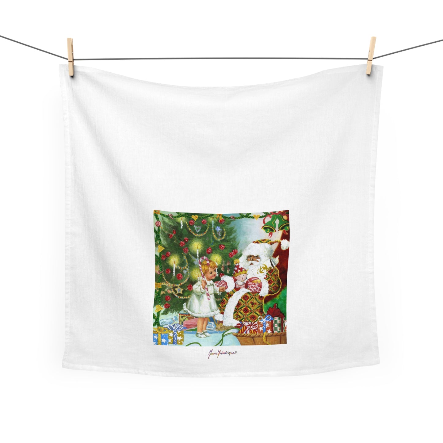 Christmas Santa & Child Tea Towel — Vintage Holiday Kitchen Towel by artist Marie Frederique