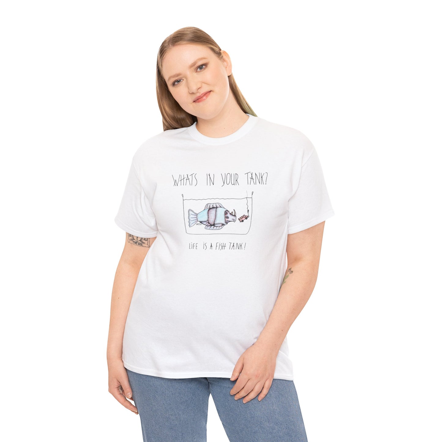 Life is a Fish Tank Collection, "What's in your tank?  Rhino Fish with dangling bait/vehicle on a hook. Unisex Heavy Cotton Tee by artist Marie Frederique