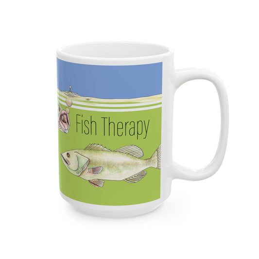 Fishing Therapy Ceramic Mug - Coffee First Then We'll Talk by artist Marie Frederique           Gift for Fishing Enthusiasts, Coffee Lover, Outdoor Décor, Father's Day Gift, Unique Cup