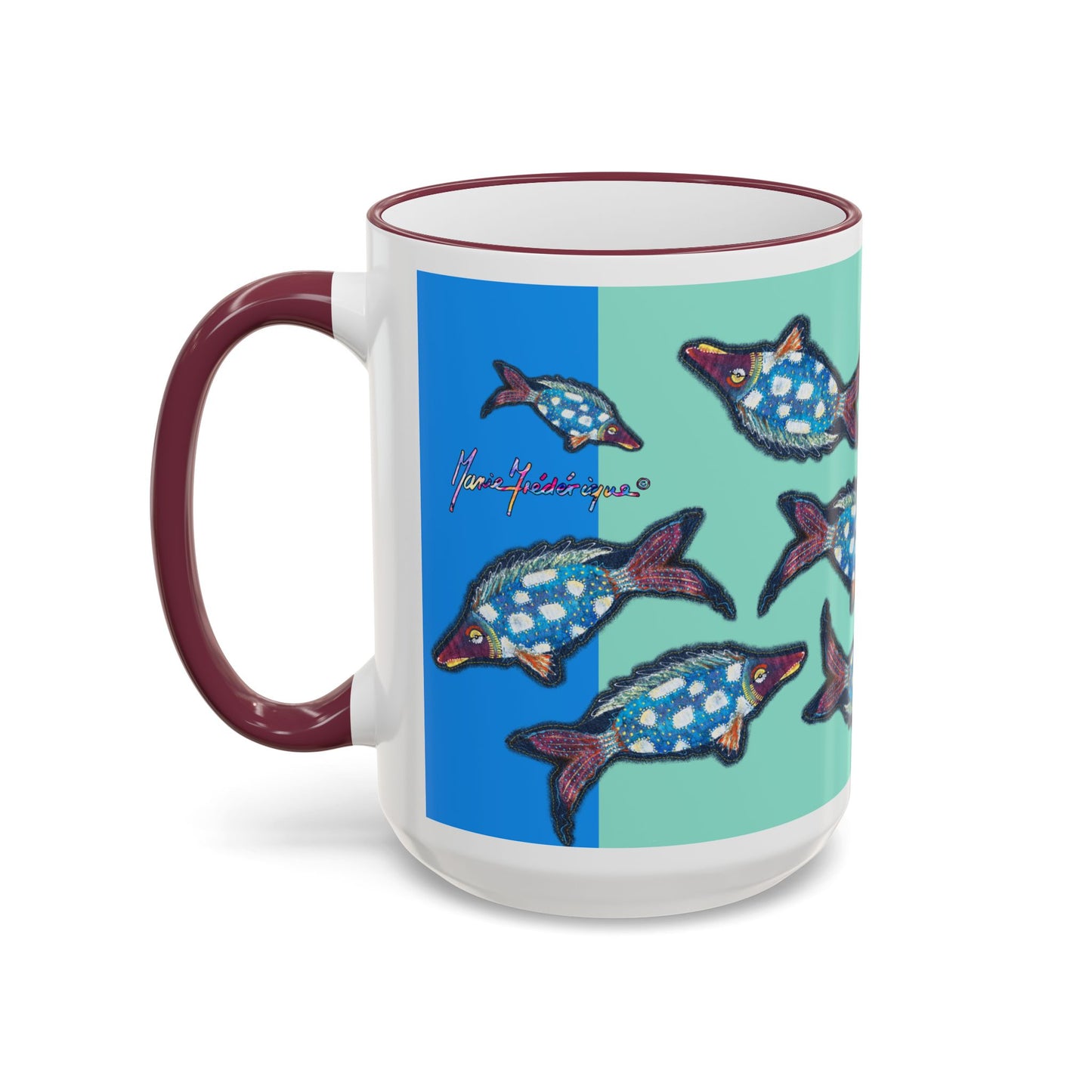 Blue Flying Fish Accent Rim Mug — Nautical Ceramic Coffee Cup (11oz/15oz) by artist Marie Frederique
