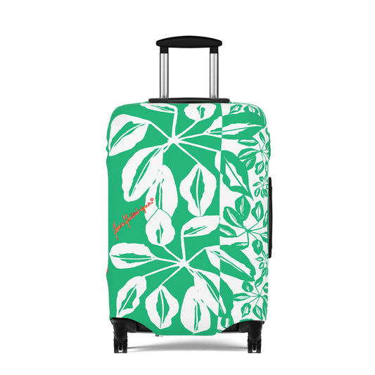 Luggage Cover, Tropical leaves in Green and White by artist Marie Frederique