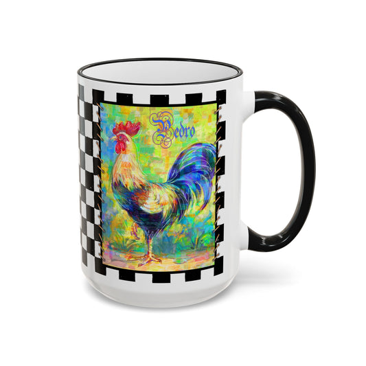 Checkerboard Chickens Accent Mug — Pedro & Fan Fair, Colorful Abstract Rooster Design (11oz, 15oz) by artist Marie Frederique