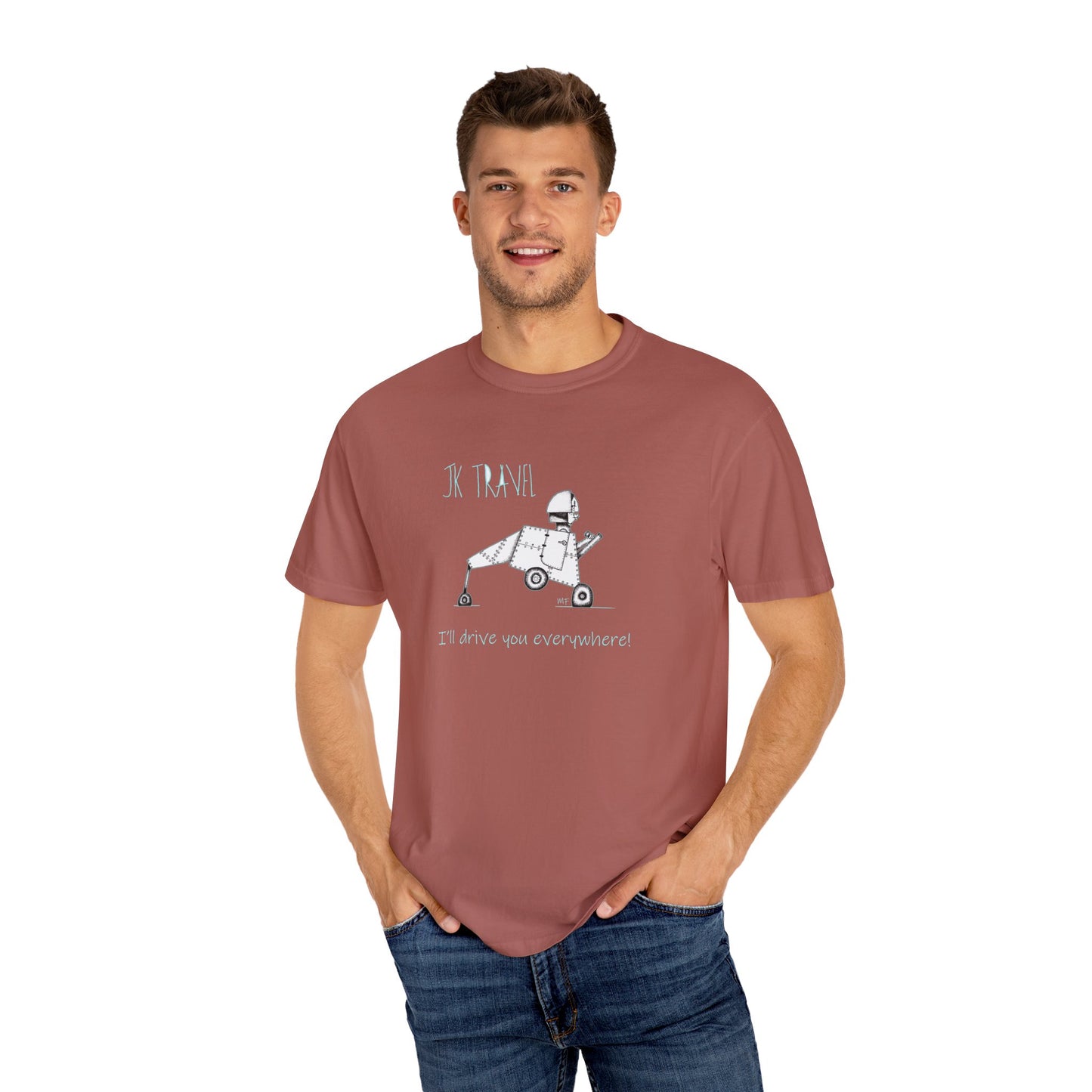 JK TRAVEL, I'll drive you everywhere - Unisex Garment-Dyed T-shirt by Artist Marie Frederique