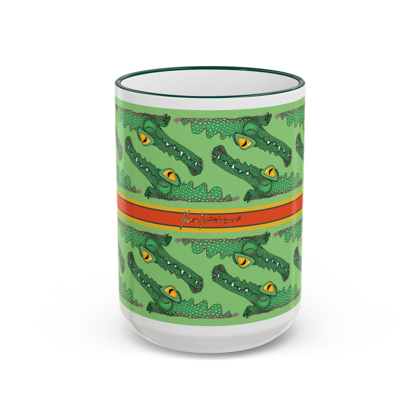 Funny Alligator Pattern Mug — Green Crocodile Design (11oz/15oz) by artist Marie Frederique