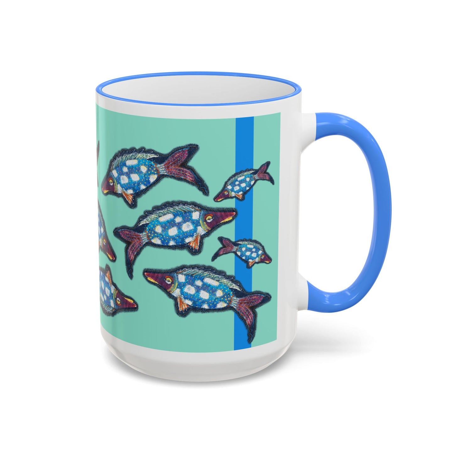 Blue Flying Fish Accent Rim Mug — Nautical Ceramic Coffee Cup (11oz/15oz) by artist Marie Frederique