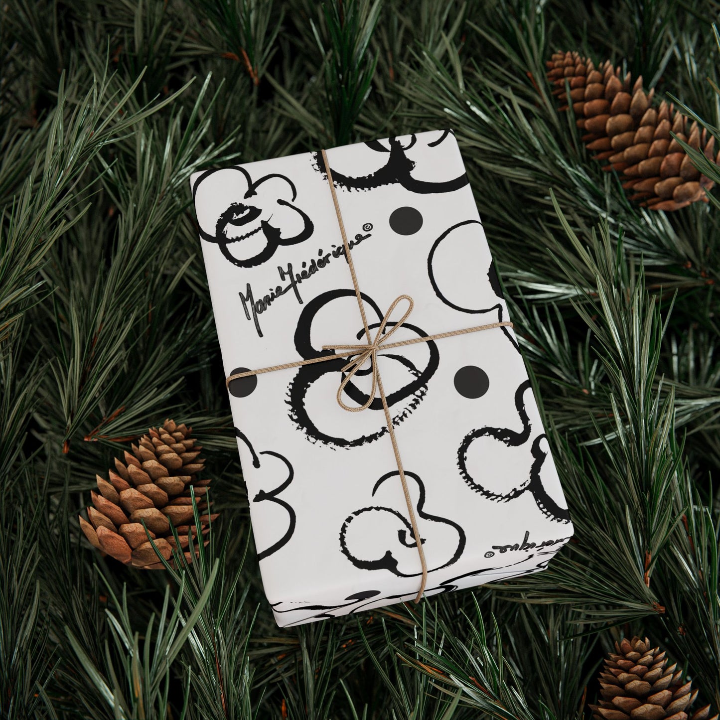 Floral Doodle brush Wrapping Paper Roll — Black & White Pattern by artist Marie Frederique