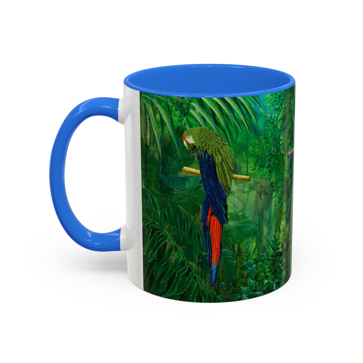 Parrots in Jungle Forest & Blue Iris mug by Artist Marie Frederique