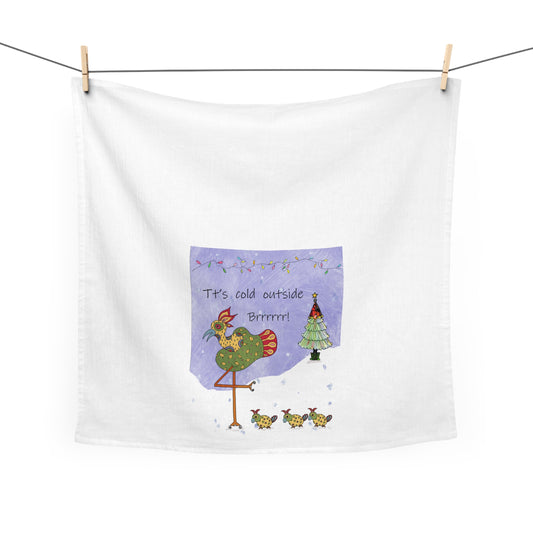 Christmas Birdie Tea Towel — "It's Cold Outside Brrrr!" Holiday Kitchen Towel by artist Marie Frederique