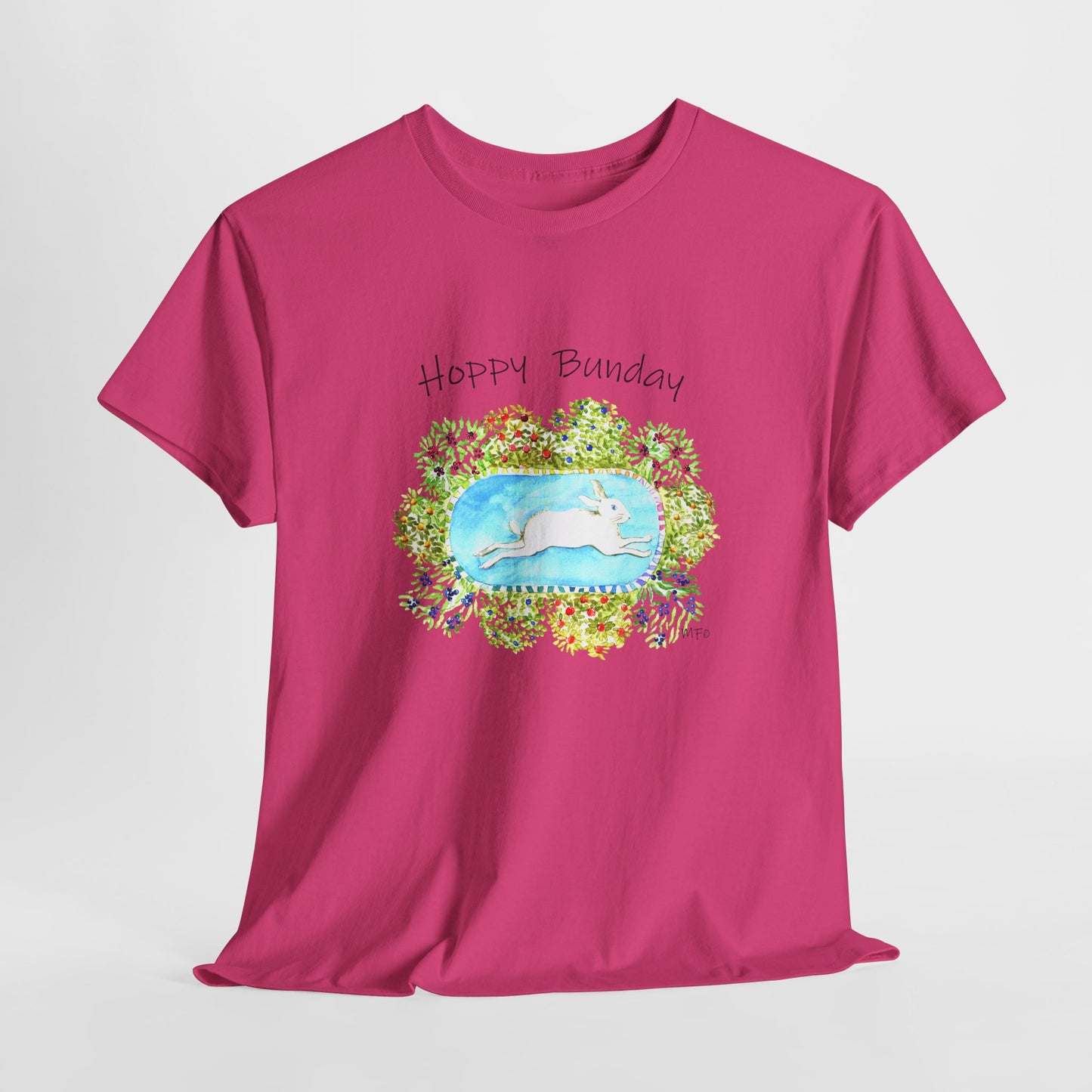 Hoppy Bunday Unisex Heavy Cotton Tee - Fun Spring T-Shirt for Bunny Lovers by artist Marie Frederique