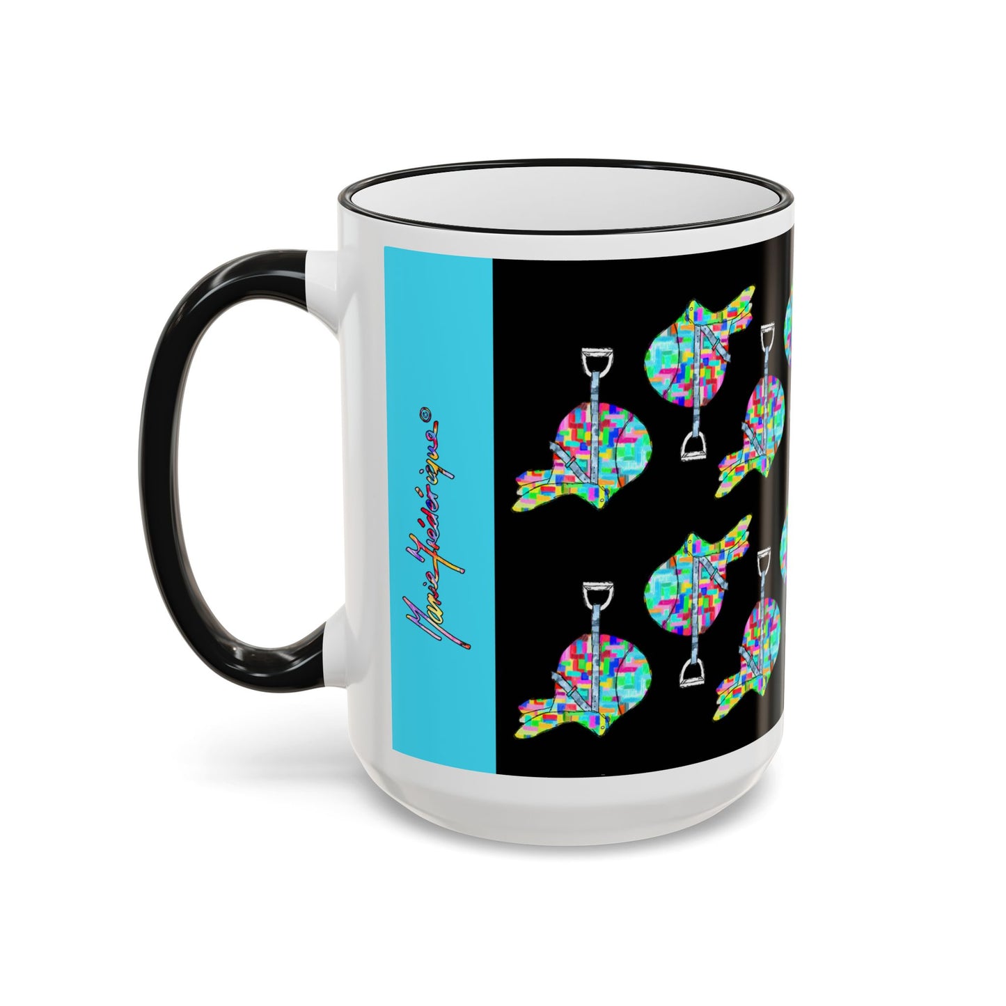 Saddle Patchwork Accent Rim Mug – Equestrian Colorful Mosaic Pattern (11oz, 15oz) by artist Marie Frederique