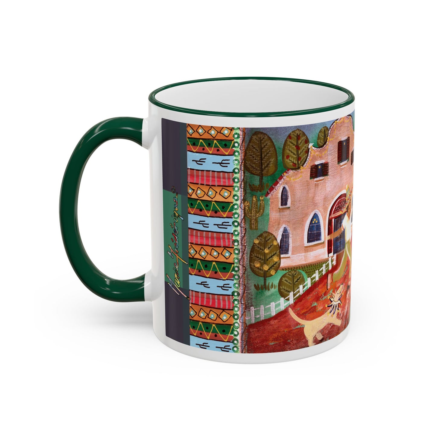 Colorful Folk Art Rim-Handle Mug — Vibrant Village Scene (11oz, 15oz) by artist Marie Frederique