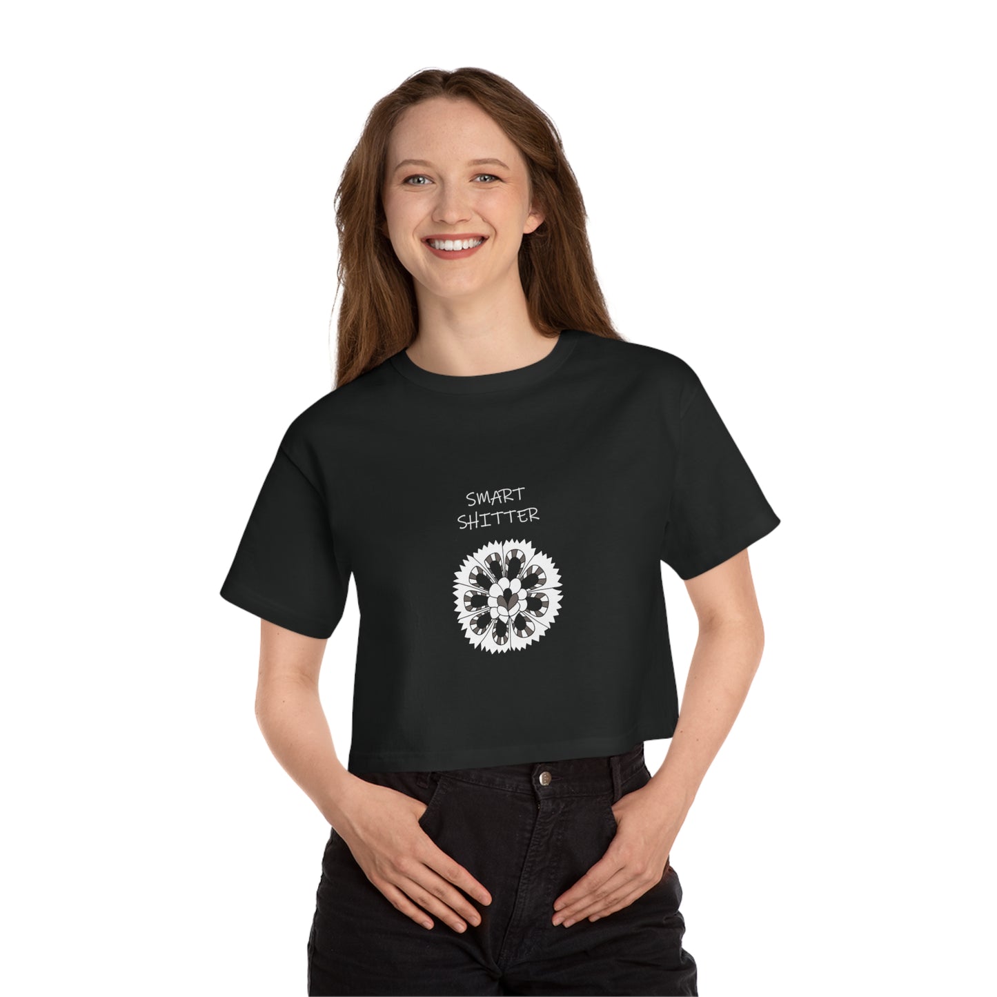 SMART SHITTER, with a Mandala Flower white on black - Champion Women's Heritage Cropped T-Shirt by Artist Marie Frederique