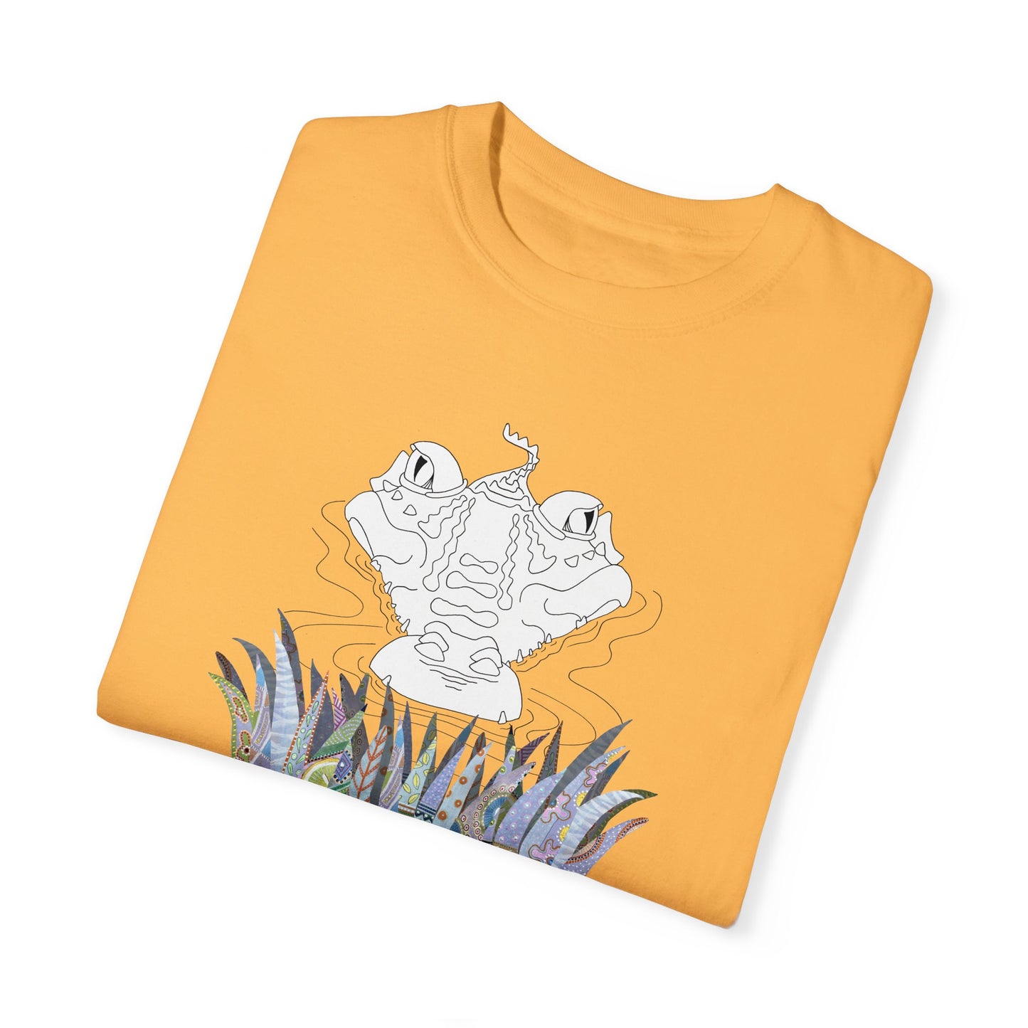 Gator Trip, Reptilian lovers - whimsical drawing in Black & White with painted foliage - Unisex Garment-Dyed T-shirt by artist Marie Frederique