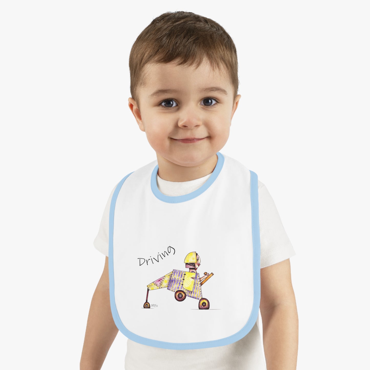 Driving - Super Cute Whimsical Designer Baby Contrast Trim Jersey Bib by artist Marie Frederique