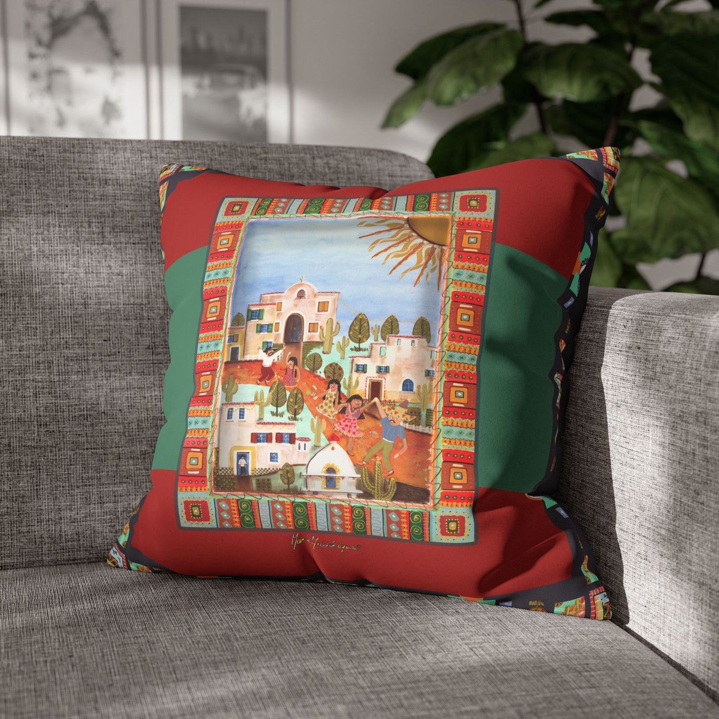 Fiesta Village, Art Decorative Throw Pillow Cover by artist Marie Frederique